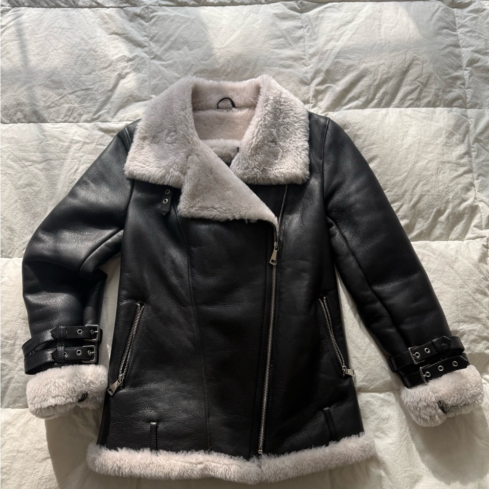 Emelda Black Faux Leather Shearling Aviator Moto Jacket